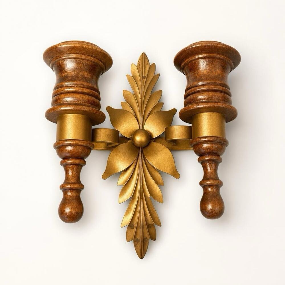 Vintage Double CandleHolder Wall Sconce Wood Gold Tone Metal taper MCM flower 6”